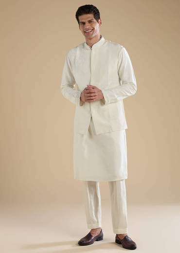 Off White Banarasi Silk Jacket Kurta Set with Cutdana Work