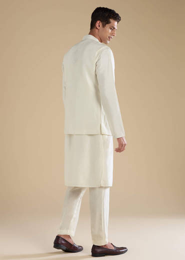 Off White Banarasi Silk Jacket Kurta Set with Cutdana Work