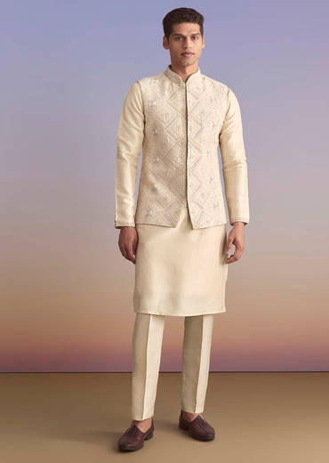 Off White Banarasi Silk Kurta Jacket Set For Men With Embroidery
