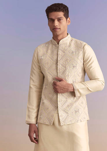 Off White Banarasi Silk Kurta Jacket Set For Men With Embroidery
