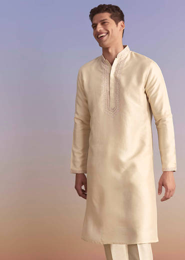 Off White Banarasi Silk Kurta Jacket Set For Men With Embroidery
