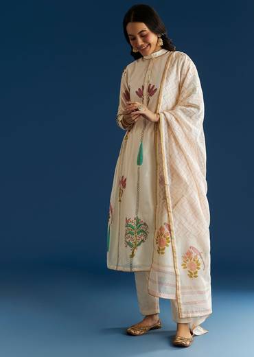 Off White Block Print Anarkali With Gotta Lace Neckline And Dupatta