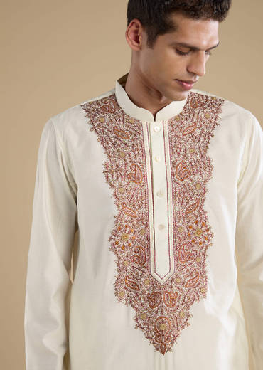 Off White Chanderi Kurta Set with Kashmiri Hand Work