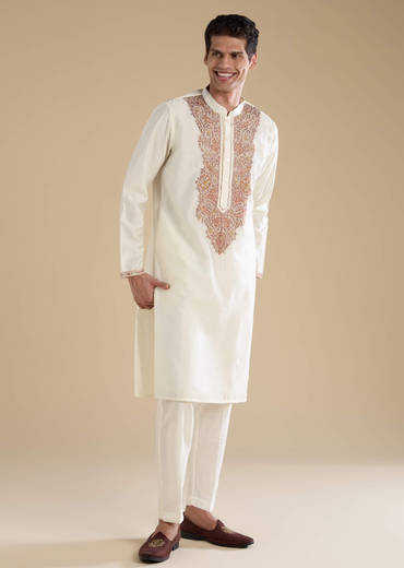 Off White Chanderi Kurta Set with Kashmiri Hand Work