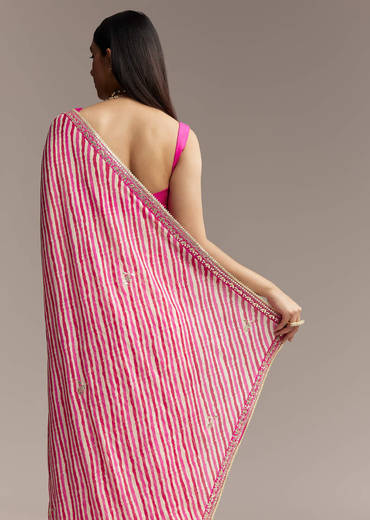 Off White Chinnon Saree With Pink Striped Print And Gota Detailing