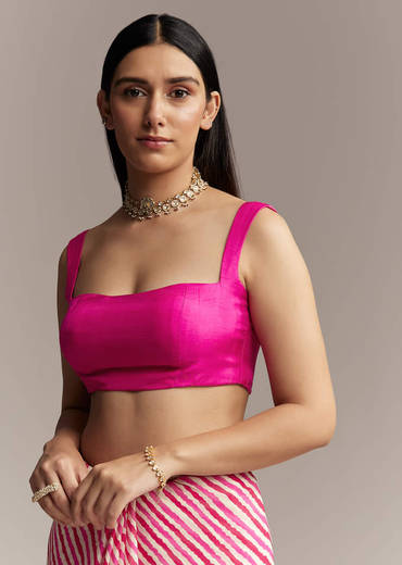 Off White Chinnon Saree With Pink Striped Print And Gota Detailing