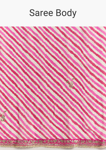 Off White Chinnon Saree With Pink Striped Print And Gota Detailing