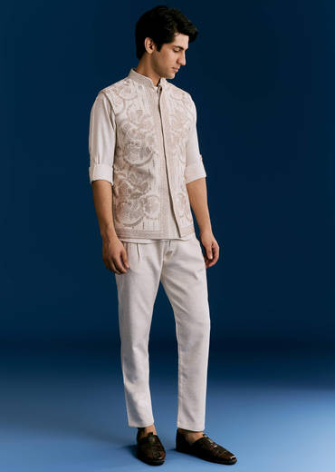 Off White Cotton Kurta Jacket Set With Embroidery