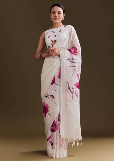 Off White Cotton Linen Saree With Artistic Floral Print