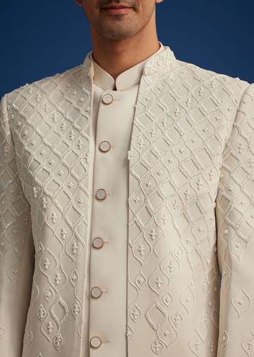 Off White Cotton Satin Sherwani Set With Embroidered Jacket