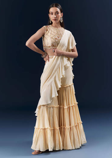 Off White Crepe Ready Pleated Saree With Heavy Hand Embroidery