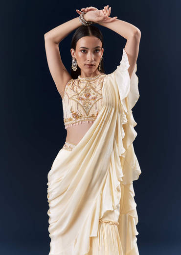 Off White Crepe Ready Pleated Saree With Heavy Hand Embroidery