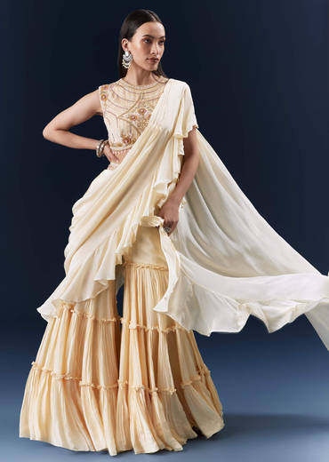 Off White Crepe Ready Pleated Saree With Heavy Hand Embroidery