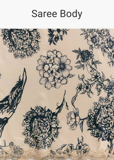 Off White Crepe Saree With Black Floral Print And Embroidered Border