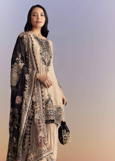 Off White Crepe Sharara Suit With Paisley Print And Contrast Dupatta