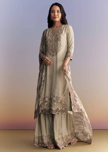 Off White Crepe Sharara Suit With Paisley Print
