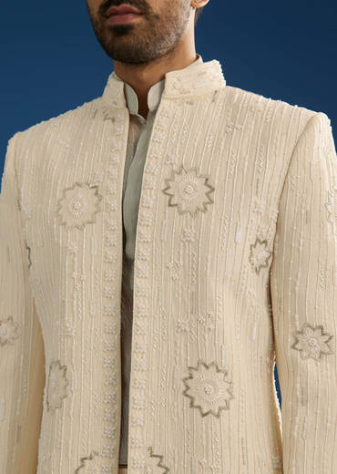 Off White Crush Tissue Sherwani Set With Beads And Cutdana Work
