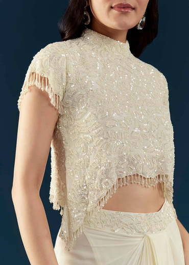 Off White Embellished Crop Top and Skirt Set