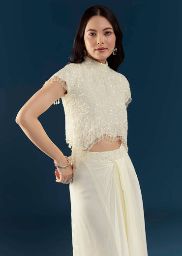 Off White Embellished Crop Top and Skirt Set