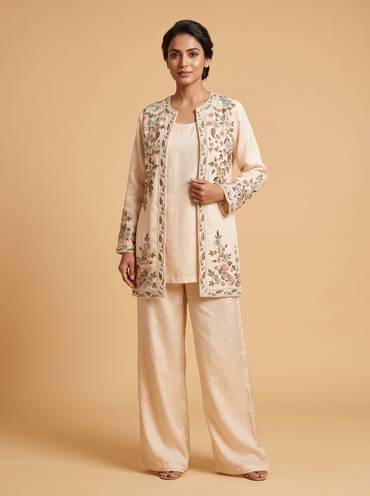 Off-White Embroidered Jacket Set With Intricate Thread Work