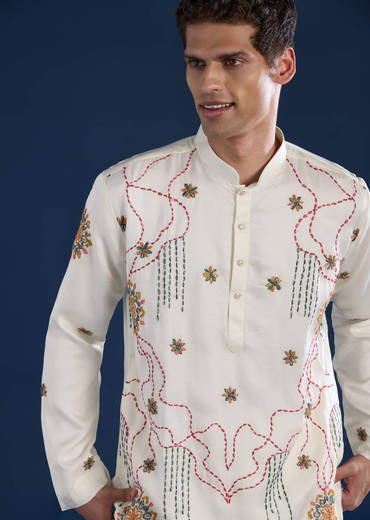 Off White Embroidered Mens Kurta Set with Bandhani Print Dupatta