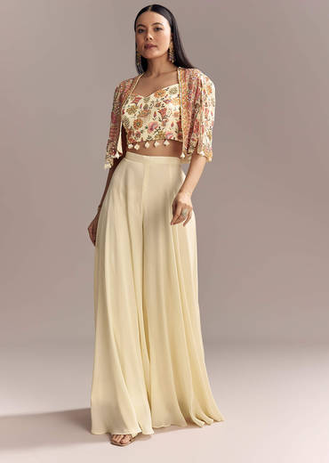 Off White Georgette Crop Top And Palazzo Set With Embroidered Cape