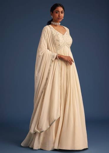 Off White Georgette Embellished Anarkali With Dupatta