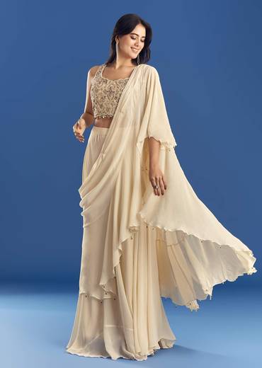 Off White Georgette Pre Draped Saree With Moti Zardosi Work