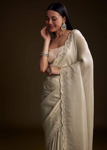 Off White Jacquard Saree With Zardosi And Stone Embroidery