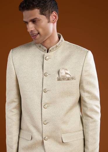 Off White Jodhpuri and Pant Set in Viscose