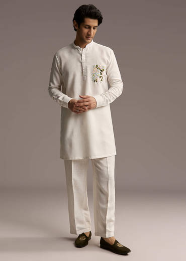 Off White Linen Kurta Set For Men With Thread Hand Embroidery