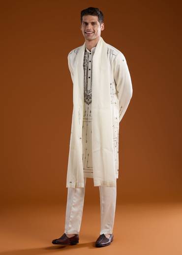 Off White Linen Mens Kurta Set with Dupatta