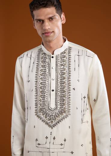 Off White Linen Mens Kurta Set with Dupatta