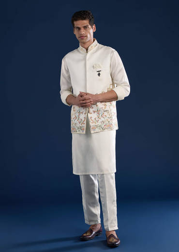 Off White Linen Satin Silk Jacket Kurta Set with Gotta Work
