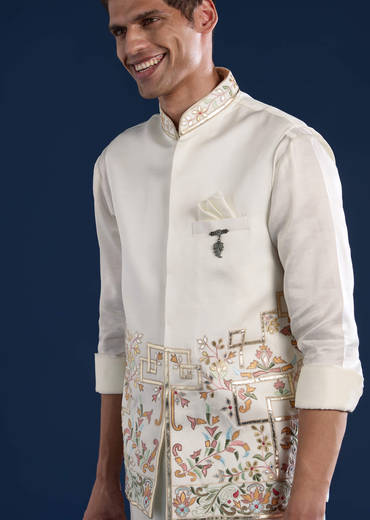 Off White Linen Satin Silk Jacket Kurta Set with Gotta Work