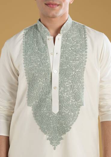 Off White Mens Kurta Set With Thread Work