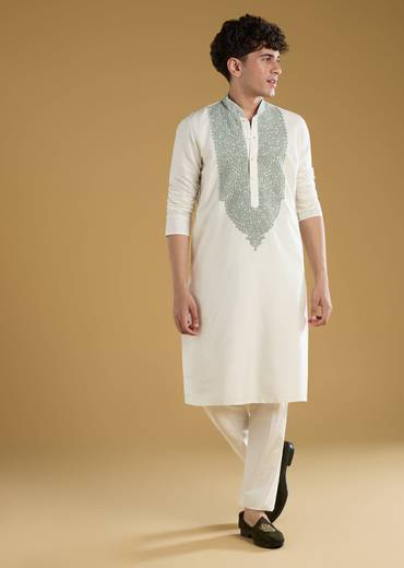 Off White Mens Kurta Set With Thread Work