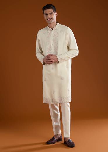 Off White Resham Work Mens Kurta Pant Set