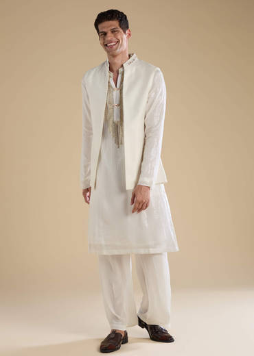 Off White Sequin Kurta and Jacket Set