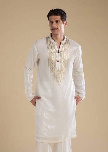 Off White Sequin Kurta and Jacket Set