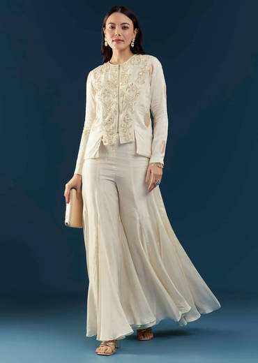 Off White Silk Embroidered Crop Top and Pant Set