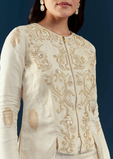 Off White Silk Embroidered Crop Top and Pant Set