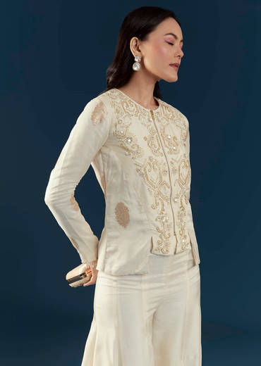 Off White Silk Embroidered Crop Top and Pant Set