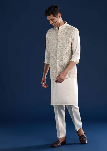 Off White Silk Jacket Kurta Set with Mirror Work