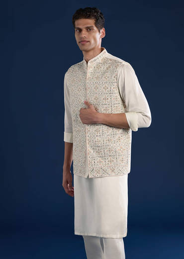 Off White Silk Jacket Kurta Set with Mirror Work