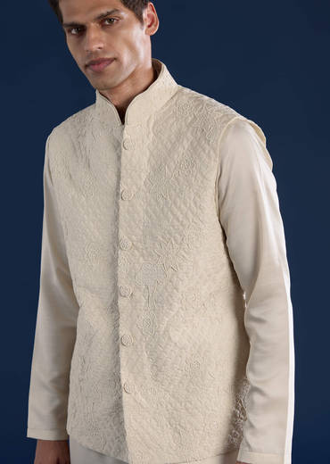 Off White Silk Jacket Kurta Set with Moti Work