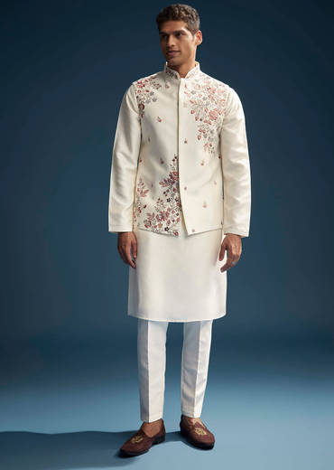 Off White Silk Kurta Jacket Set For Men With Heavy Embroidery