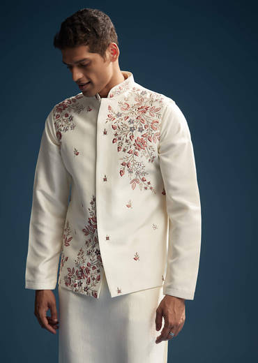 Off White Silk Kurta Jacket Set For Men With Heavy Embroidery