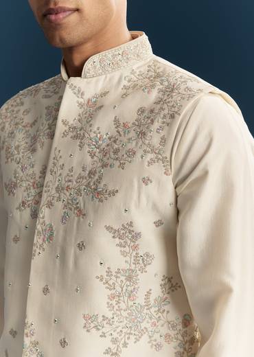 Off White Silk Kurta Jacket Set With Thread Work