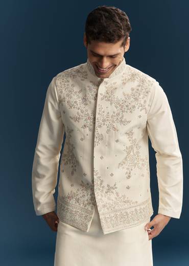 Off White Silk Kurta Jacket Set With Thread Work
